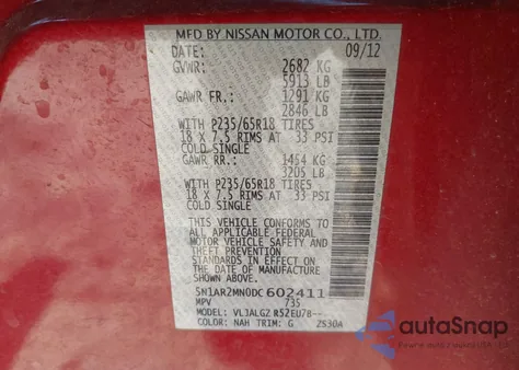 2013 Nissan Pathfinder Sl z USA, uszkodzony, nr VIN 5N1AR2MN0DC602411